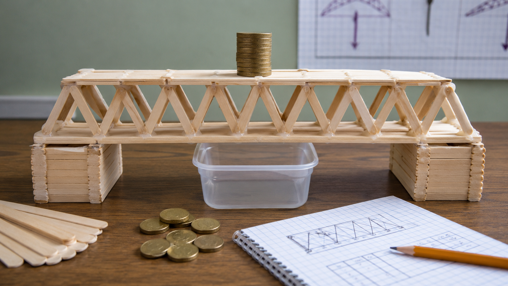 Puente de palitos — Variante 3 (Celosía triangular) — ¿Cuántas monedas puede soportar?