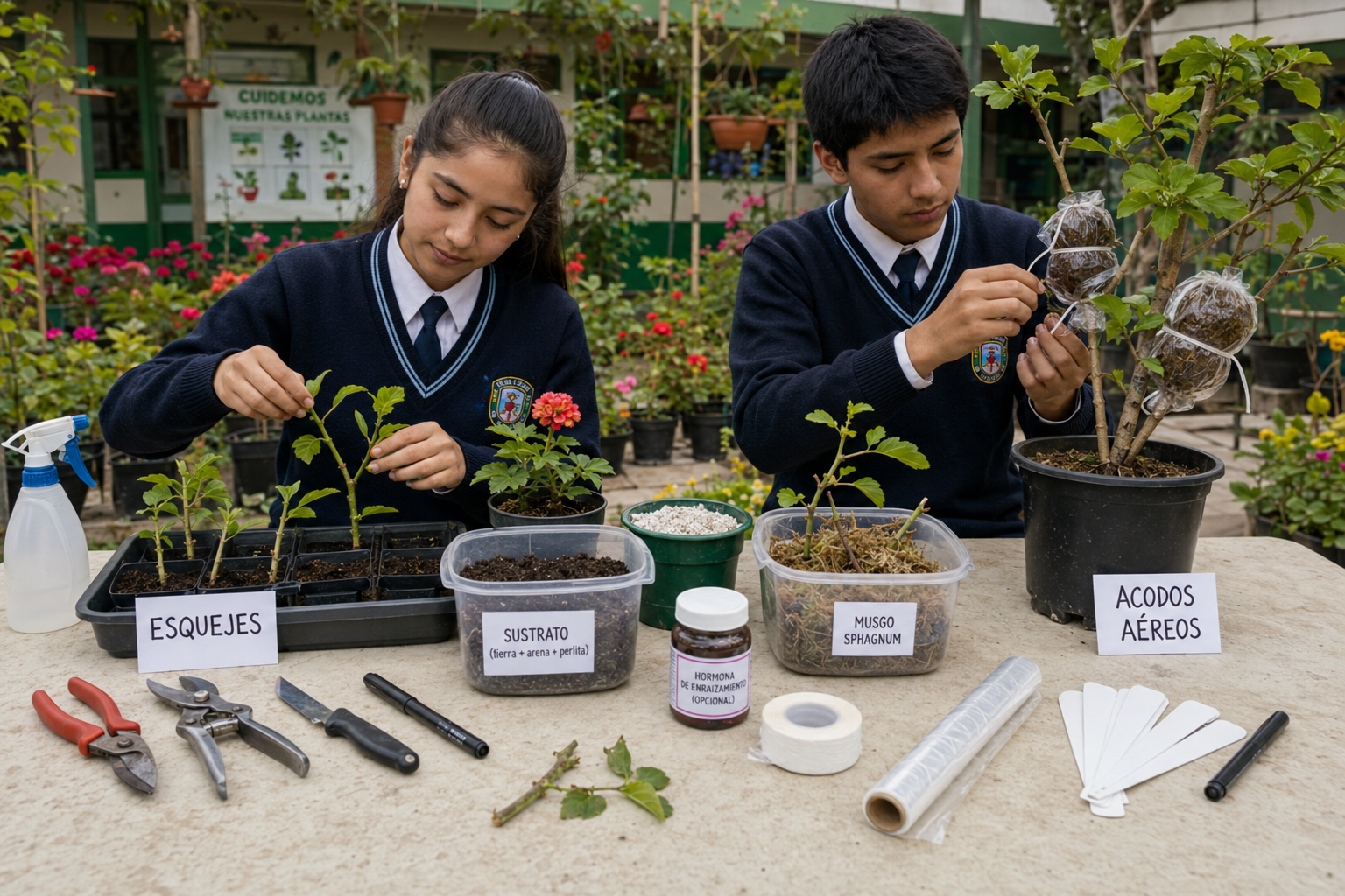 Evaluación comparativa de propagación por esqueje y por acodo en especies ornamentales del entorno escolar